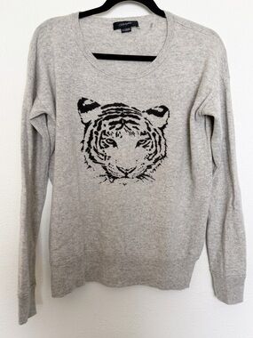 Christopher Fischer Tiger Graphic 100% Cashmere Sweater Gray Crewneck Knit
